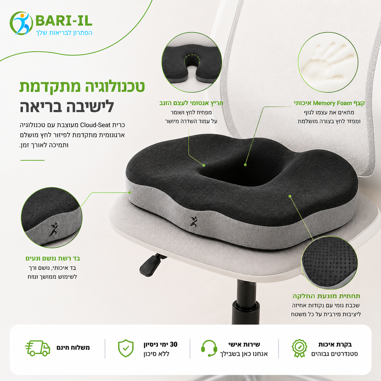 Bari-il Cloud-Seat | כרית ישיבה אורתופדית לשחרור לחץ מעצם הזנב והאגן