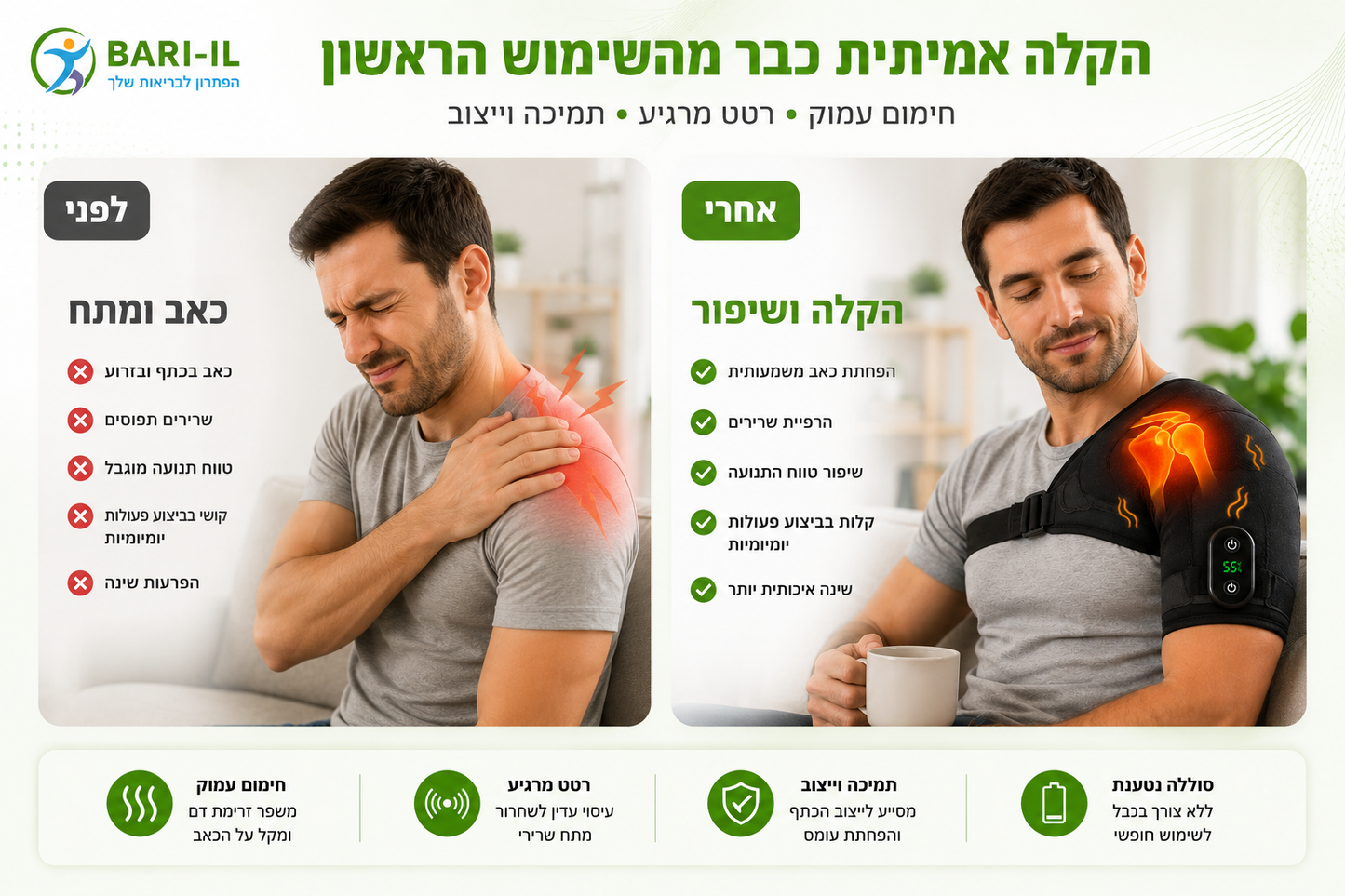 Bari-il Shoulder-Care | תומך כתף טכנולוגי משולב חימום עמוק ורטט לשיקום והקלה