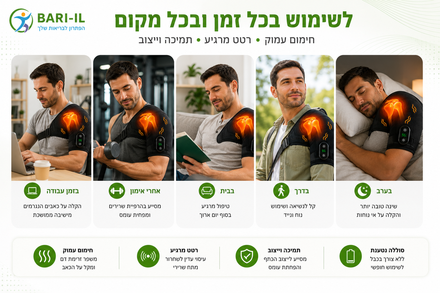 Bari-il Shoulder-Care | תומך כתף טכנולוגי משולב חימום עמוק ורטט לשיקום והקלה