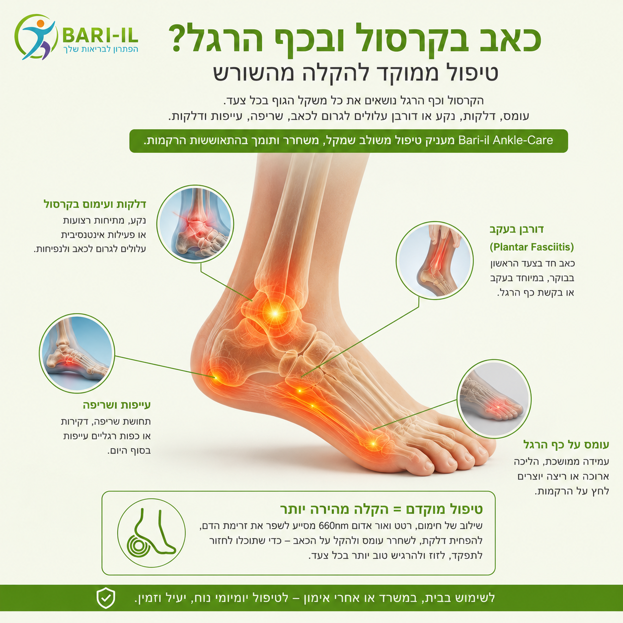 Bari-il Ankle-Care | שרוול חימום ועיסוי אורתופדי לקרסול וכף הרגל להקלה על דלקות ודורבן