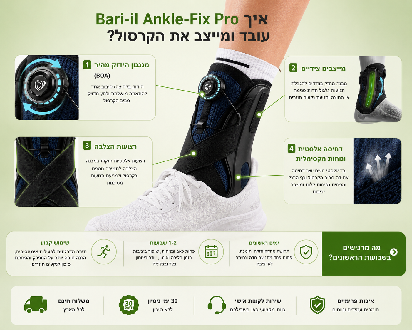 Bari-il Ankle-Fix Pro | מייצב קרסול מקצועי עם מנגנון הידוק מהיר ומייצבים צידיים לנקעים ושיקום