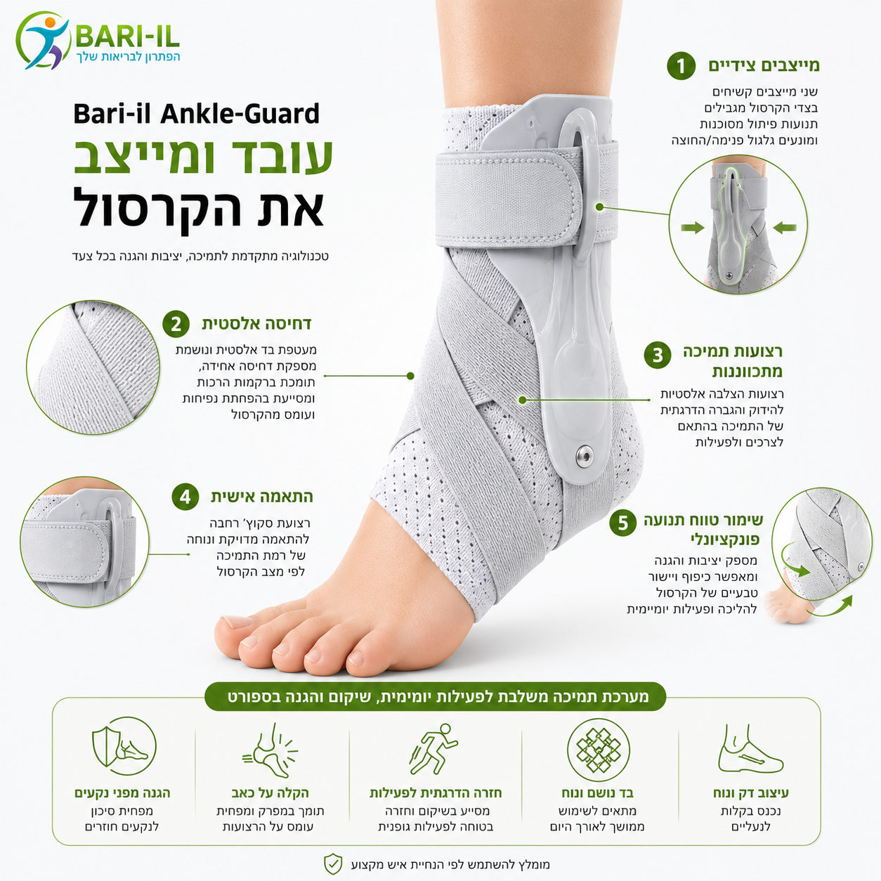 Bari-il Ankle-Guard | מייצב קרסול מקצועי עם מייצבים צידיים קשיחים ורצועות תמיכה לנקעים ושיקום